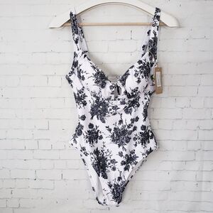 Berlook One-piece Swimsuit Size L Black White Floral NEW Toile Cutout